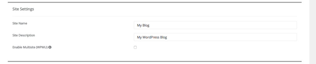 Softaculous WordPress Site Name and Description Input